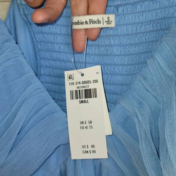 ABERCROMBIE & FITCH Sheer Bubble Hem Mini Dress in Cloudy Blue, sz Small - Picture 5 of 16